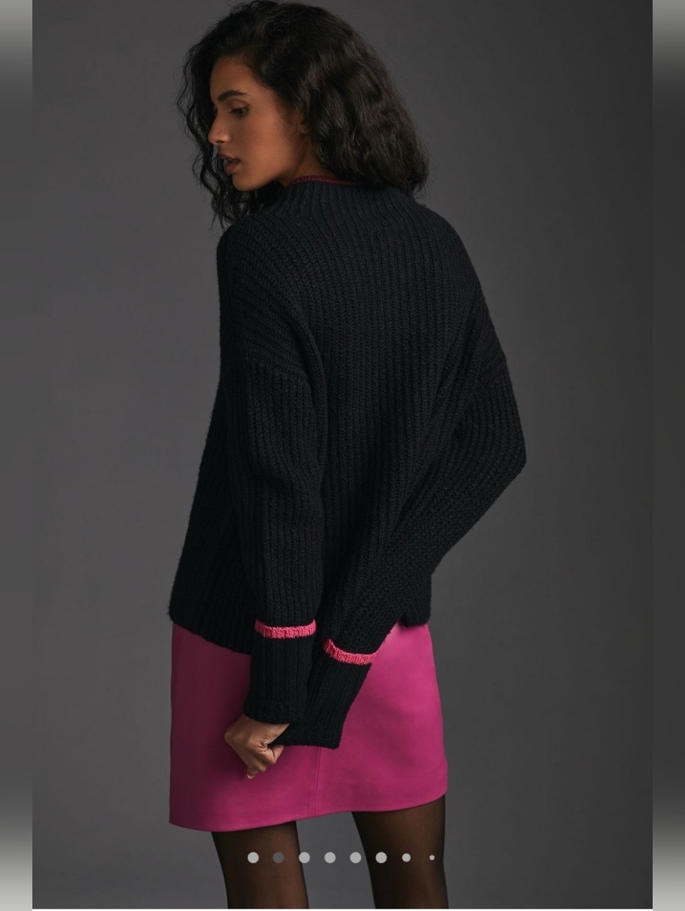 Anthropologie Maeve Black Mock Neck Ribbed Sweater Pink Trim M - Picture 2 of 9